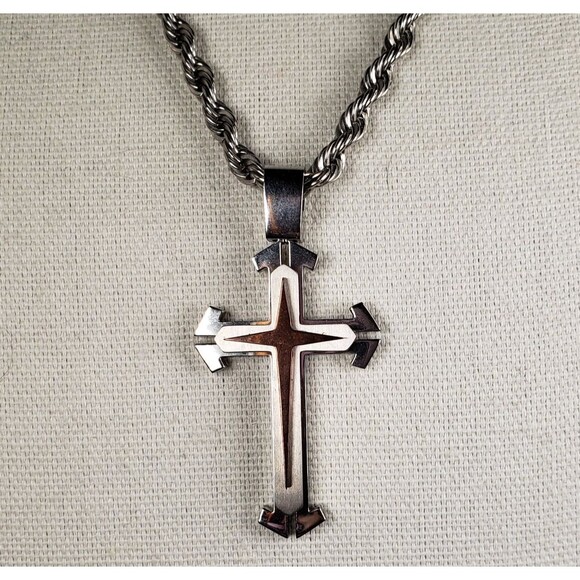Vintage Stainless Steel 3D Cross Pendant Thick 23" Rope Necklace - Picture 1 of 16